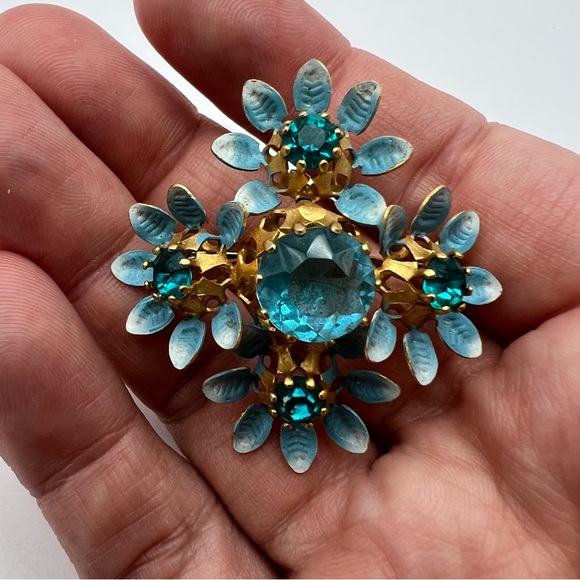 Austria Jewelry - Vintage Signed Made Austria Gold Town & Blue Rhinestone Enamel Flower Brooch